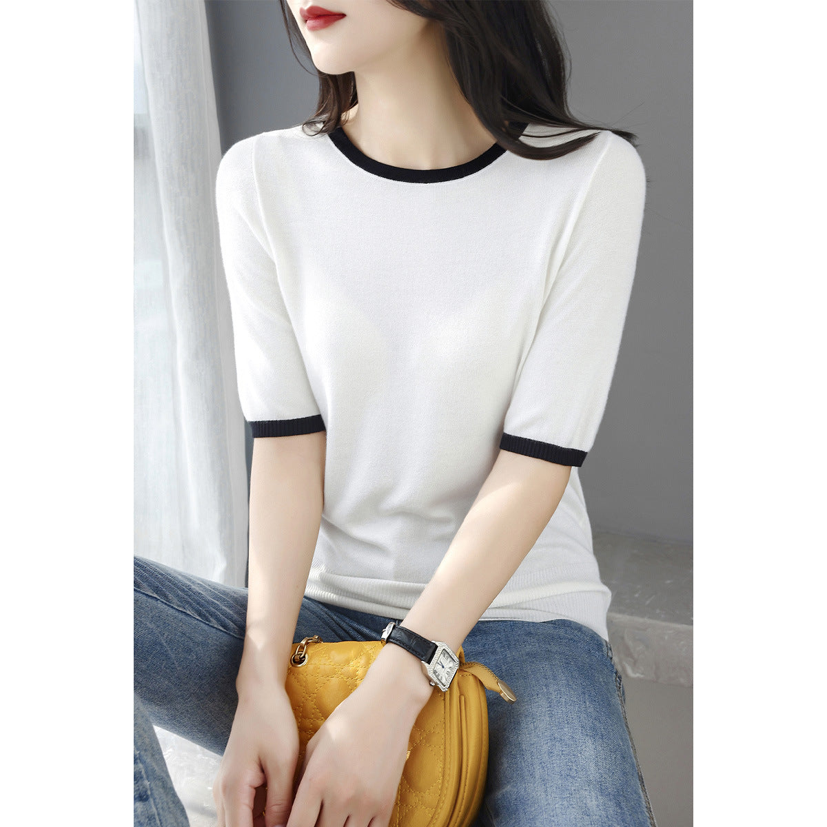 Color-blocked Three-quarter-sleeve Versatile Chic Base Top