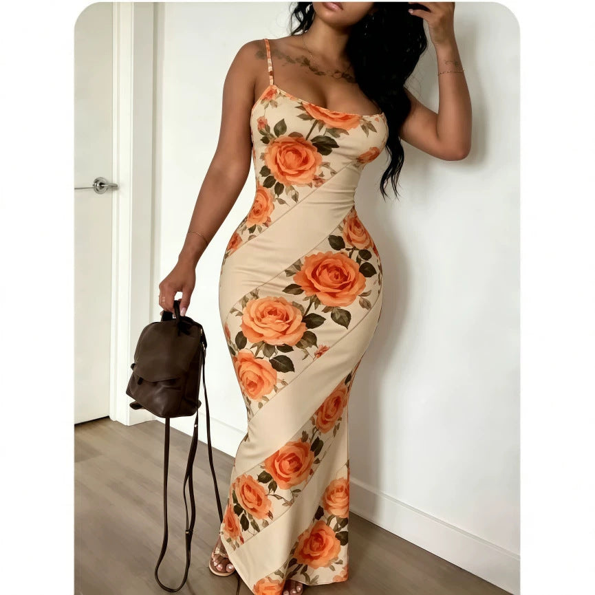Digital-print Fitted Waistline Long Dress