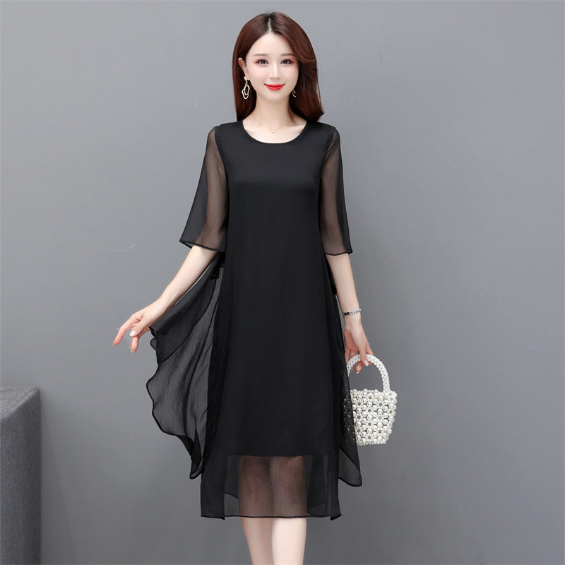 Womens Solid-color Chiffon Ruffled Flounce Dress