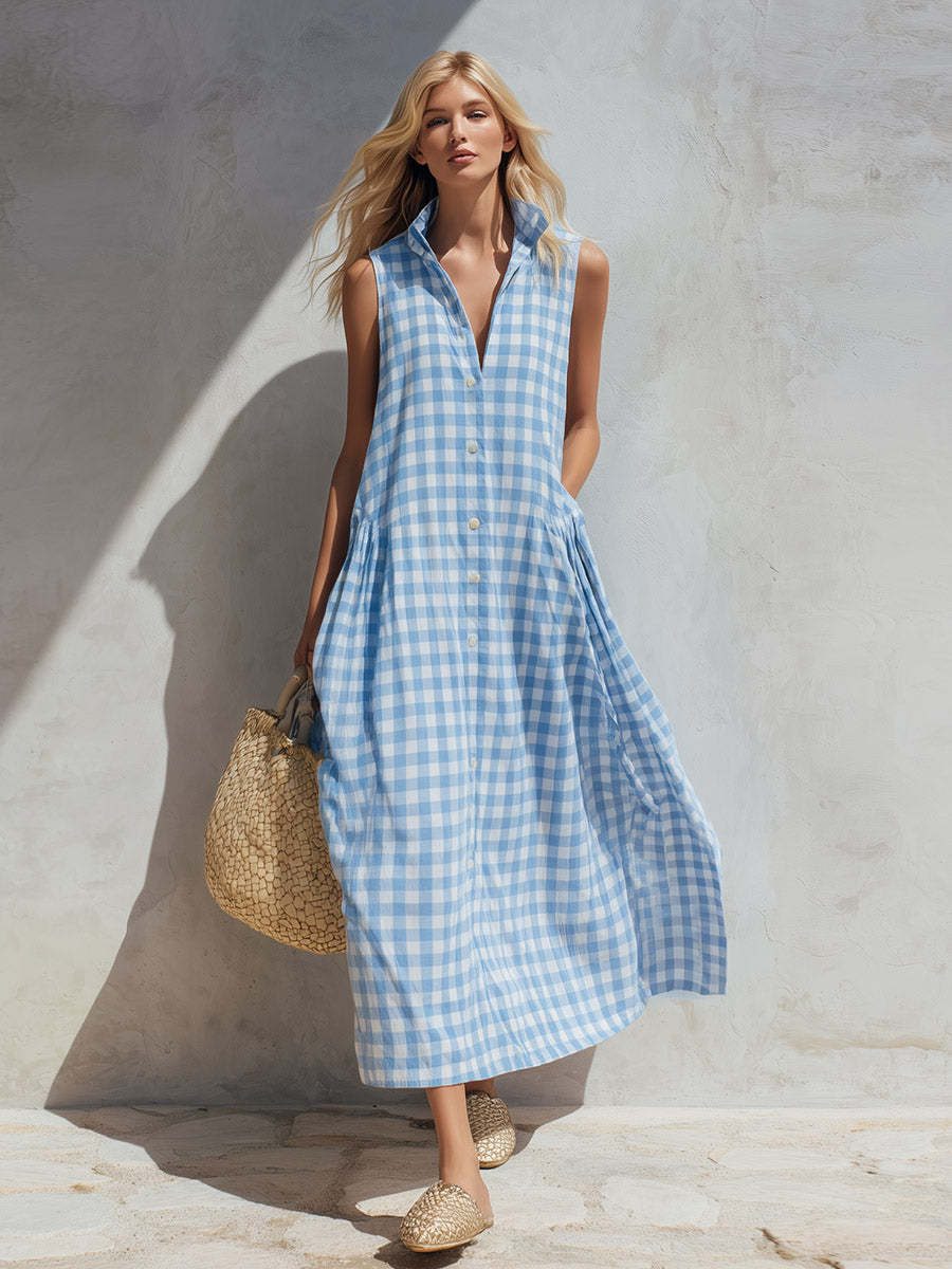 New Summer Beach Plaid Loose Long Dress