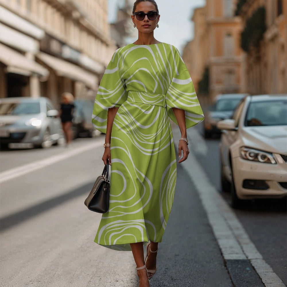 Womens Fashionable Casual Printed Crew-Neck Dress