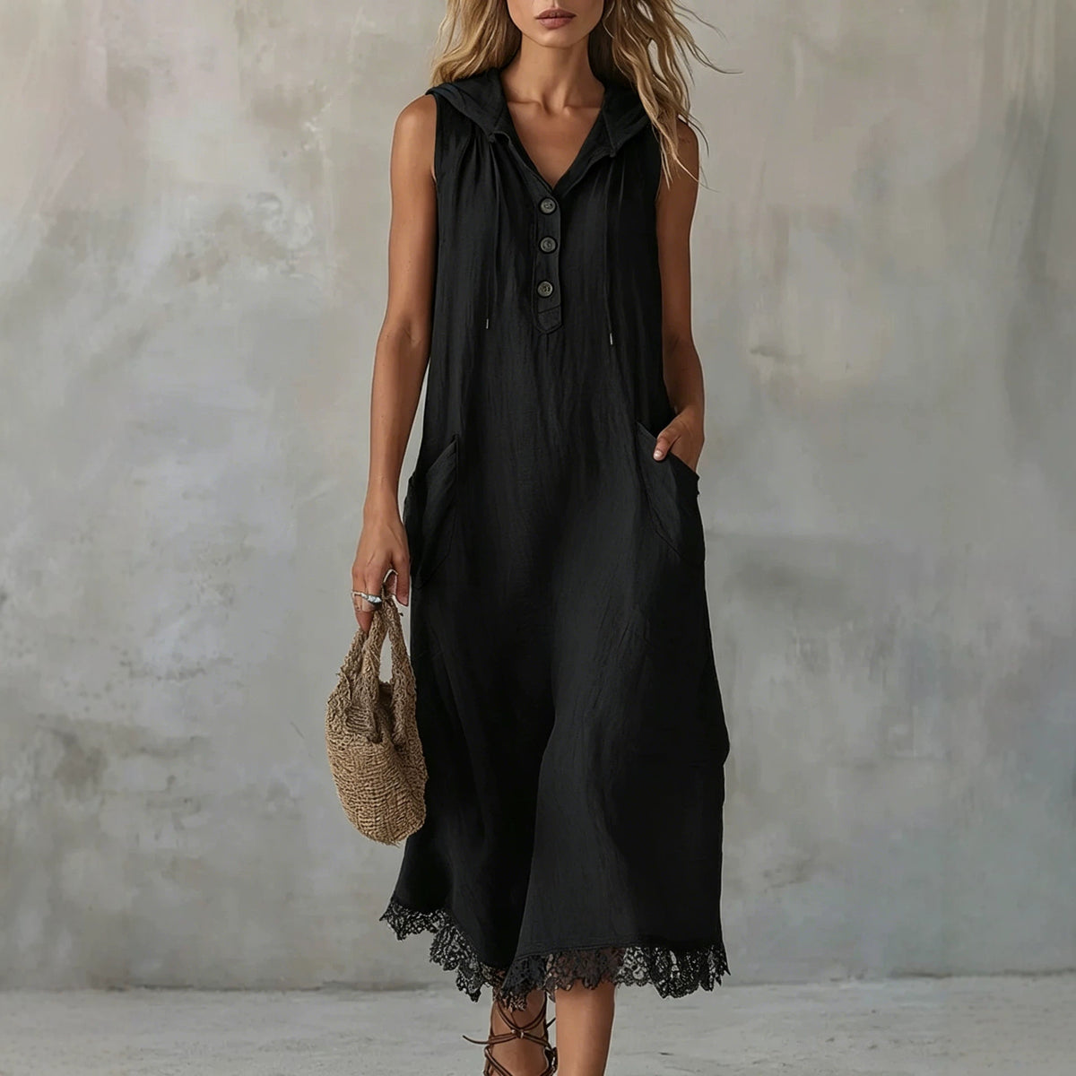 Casual Patchwork Lace-trimmed Linen And Cotton Hooded Dress