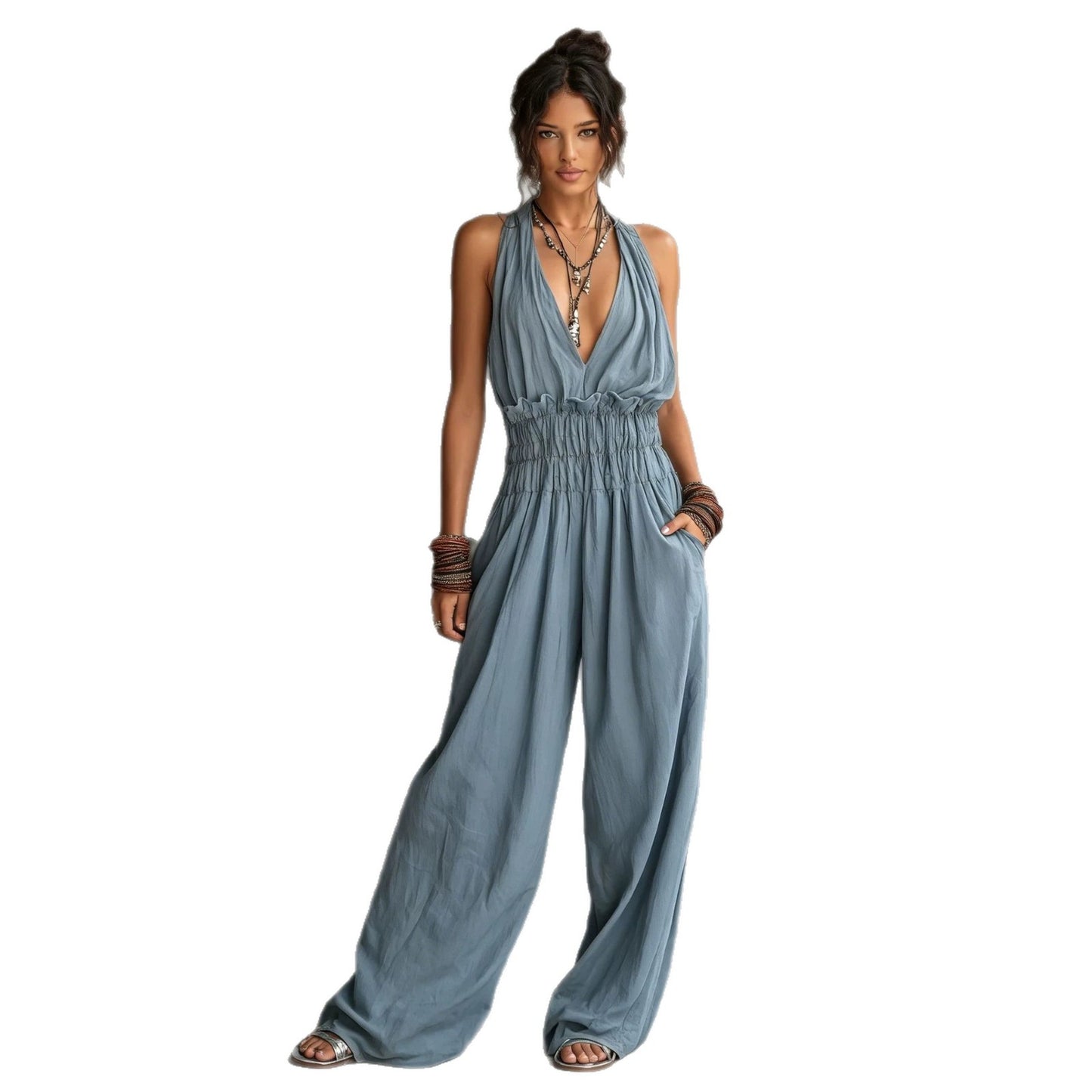 Strap-style V-neck Sleeveless Waist-cinching One-piece Suit