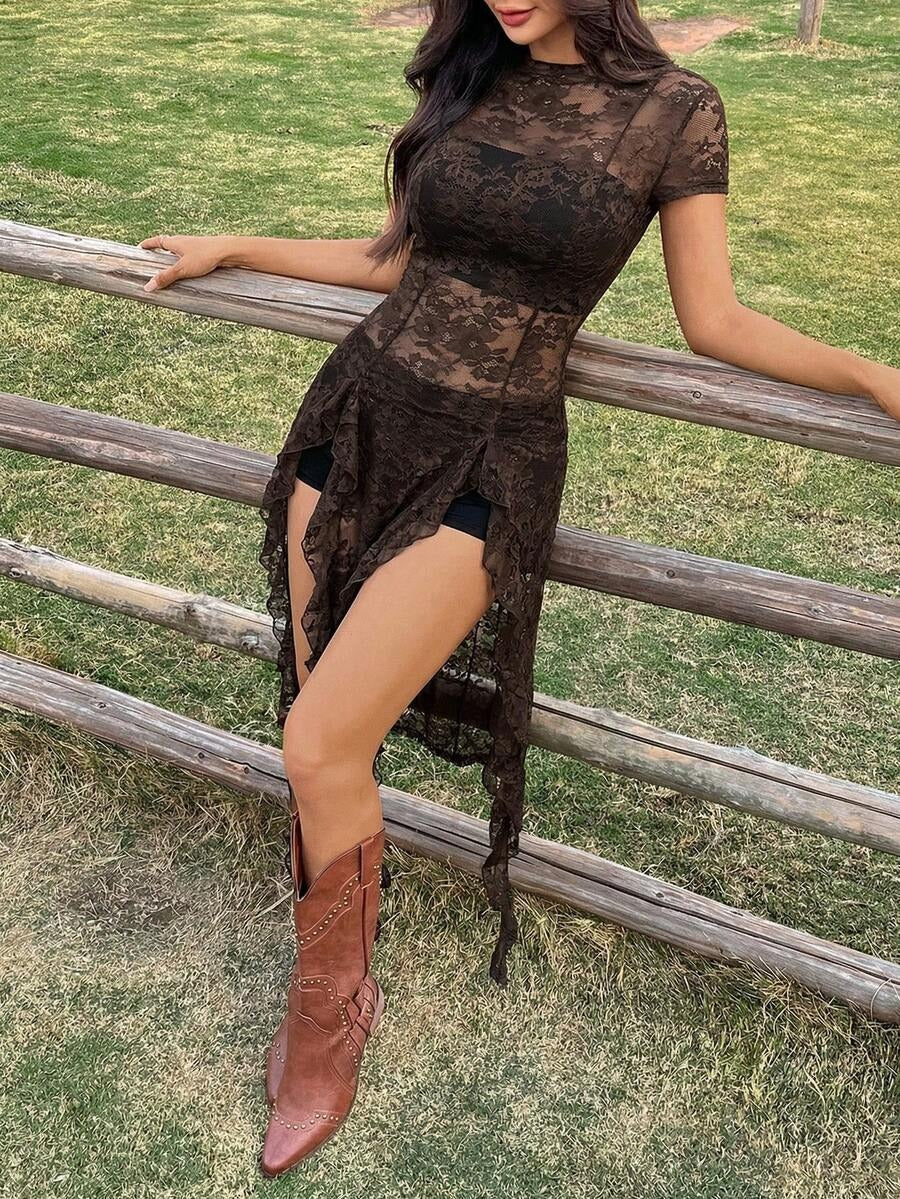 Lace Sheer Slit Sexy Slim-fit Dress