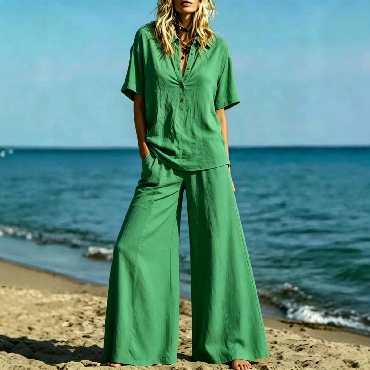 Button-down Shirt And Wide-leg Pants Two-piece Set For Women