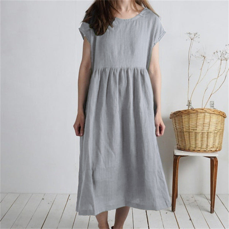 Solid-color Pleated Loose-fit Casual Cotton-linen Dress For Women