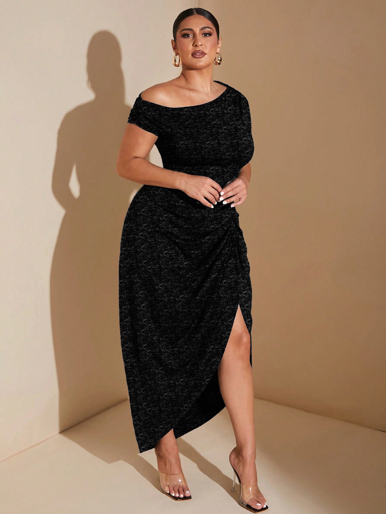 Waist-cinched Knot-front Slit Short-sleeve Dress