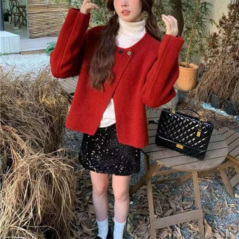 Two-button Designer-style Solid-color Knit Cardigan