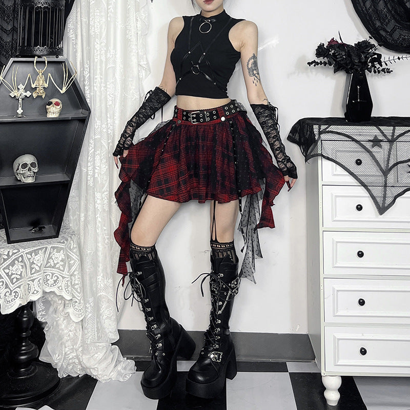 Black Plaid Polka-Dot Mesh Irregular Tutu Skirt