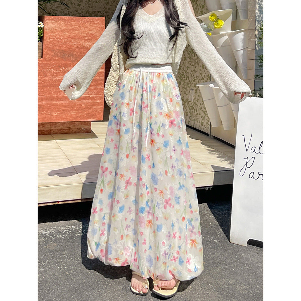 Contrast-color High-waisted Cloud-patterned Midi Puffy Skirt