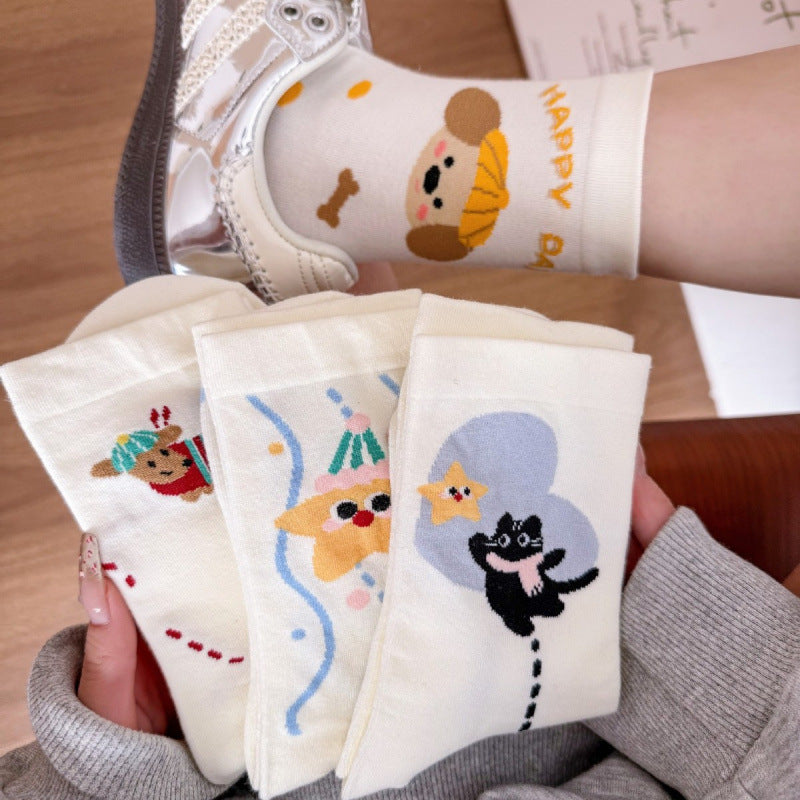 Kawaii Cartoon Animal Crew Socks, Cute Dog, Cat & Star Print Mid-Calf Socks, Women's Sweet Cream White Casual Socks For Everyday & Sneakers