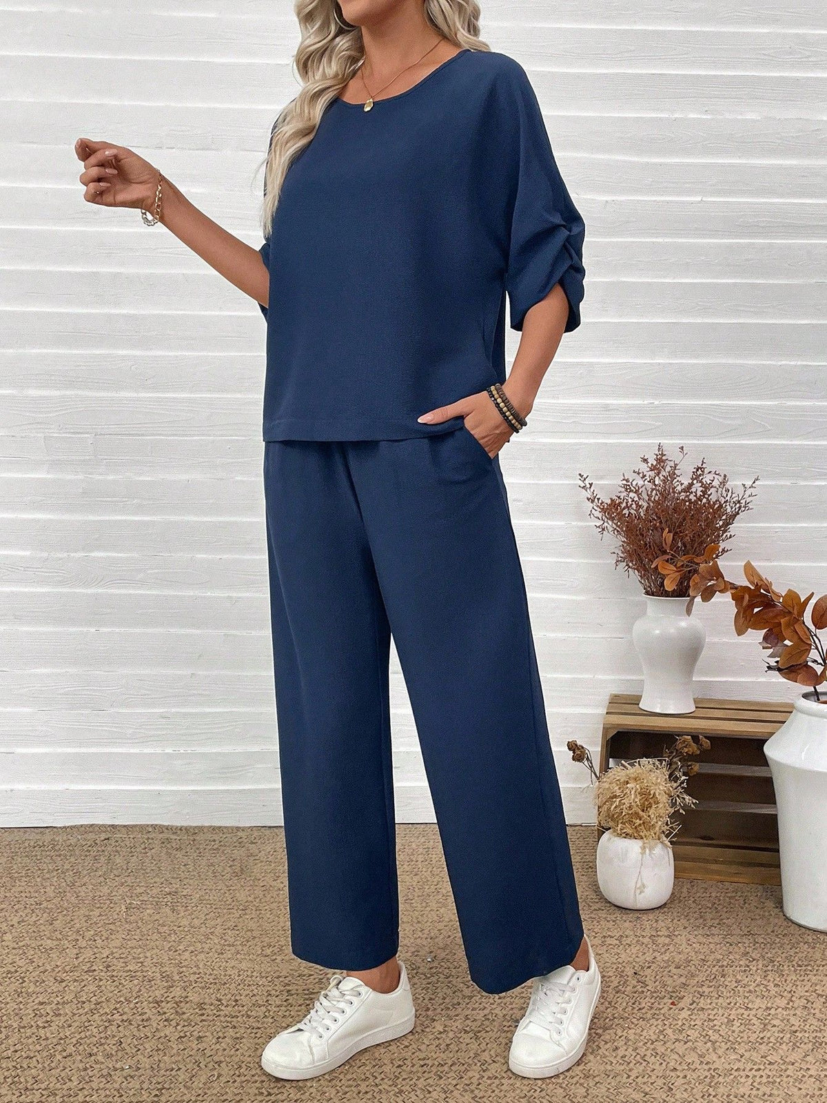 Crew-neck Top Wide-leg Pants Loose Fit