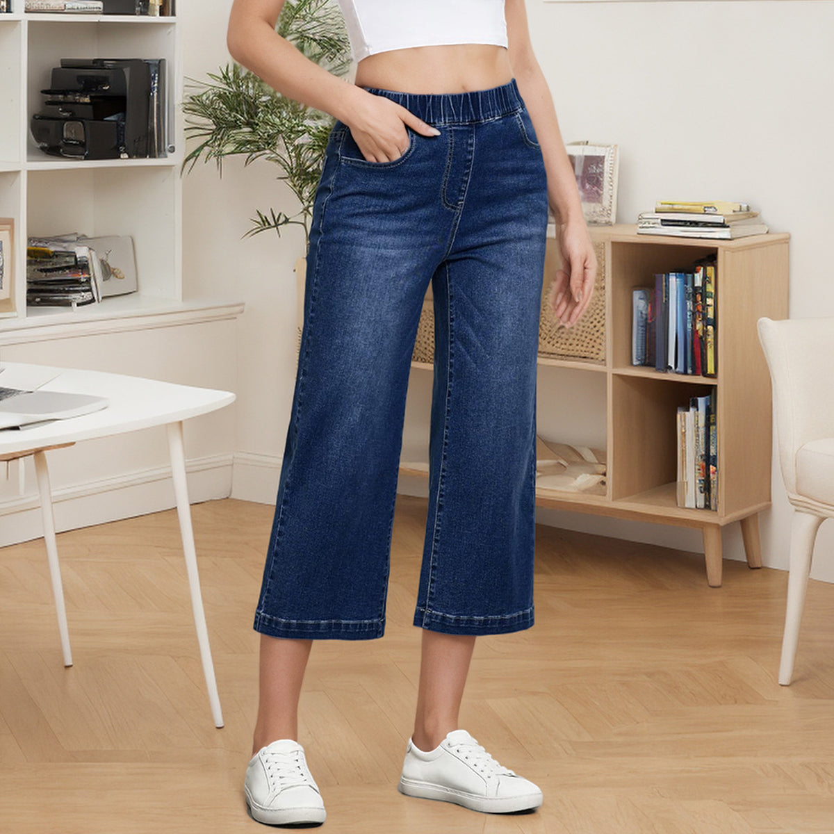Fashionable Womens High-Waisted Straight-Leg Denim Pants