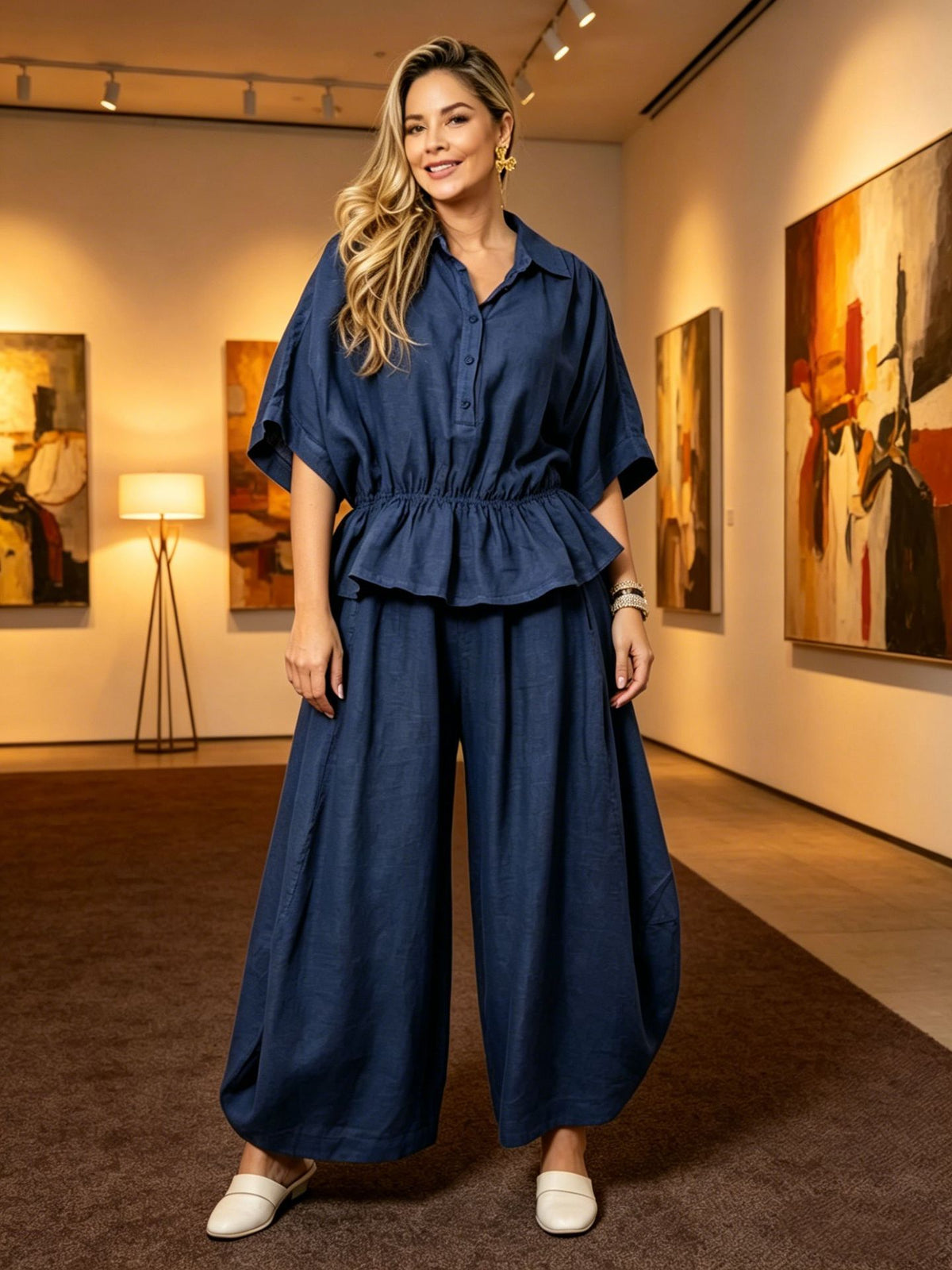Plus-size Womens Loose Casual Belted Shirt And Wide-leg Pants Set