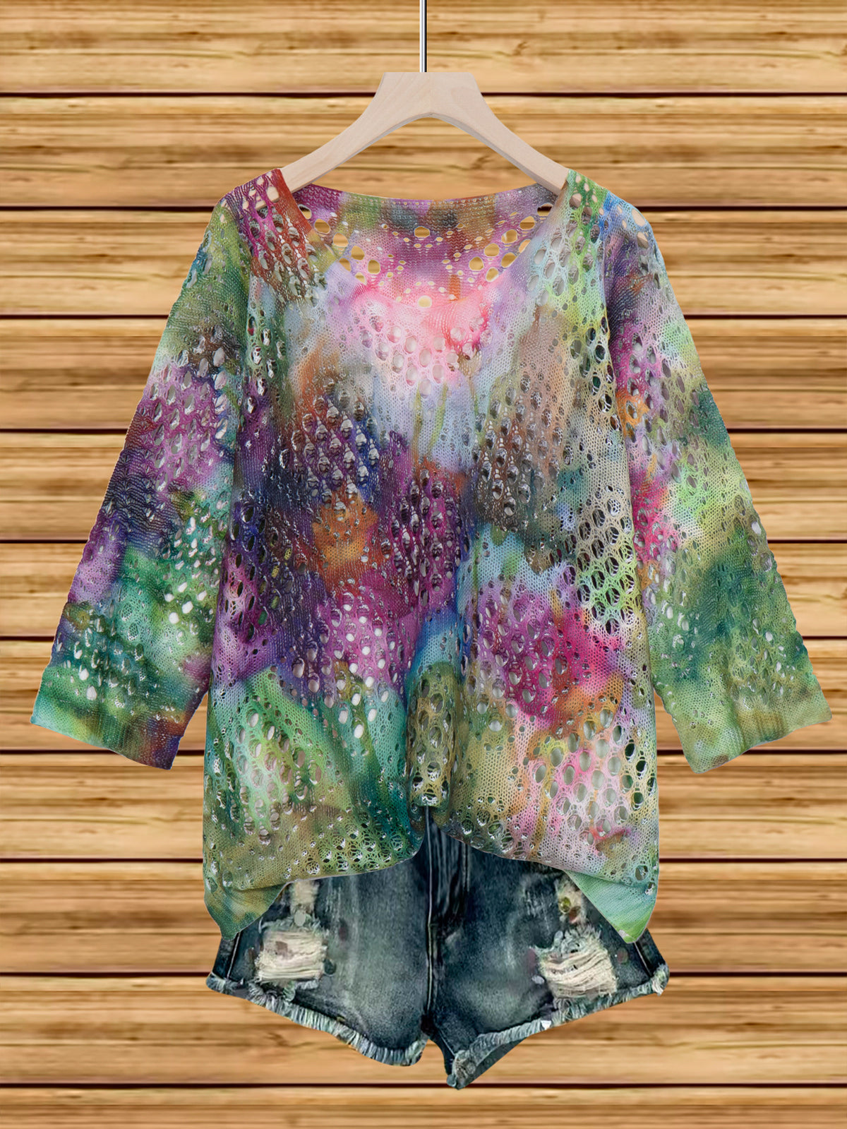 Womens Hollowed-Out Batwing-Sleeve Sweater With 3D Knitted Print