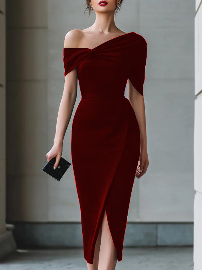 Elegant Commuter Solid-Color Asymmetrical Dress Gown