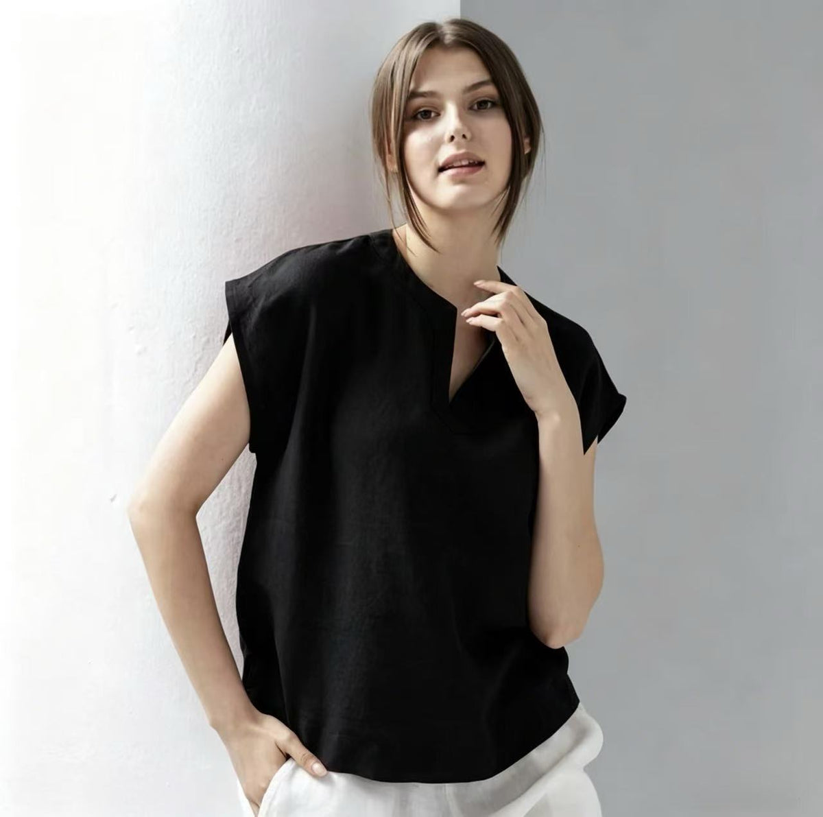 Casual V-neck Linen Short-sleeve Top