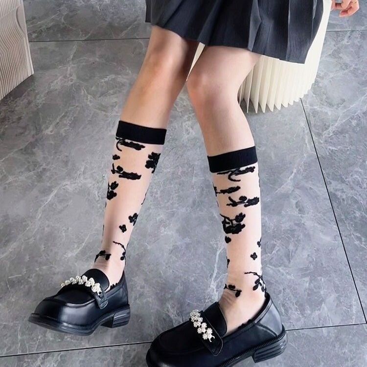 Coquette Floral Sheer Mesh Crew Socks, Black & White Flower Pattern Transparent Socks, Women's Breathable Casual Socks For Summer & Mary Janes