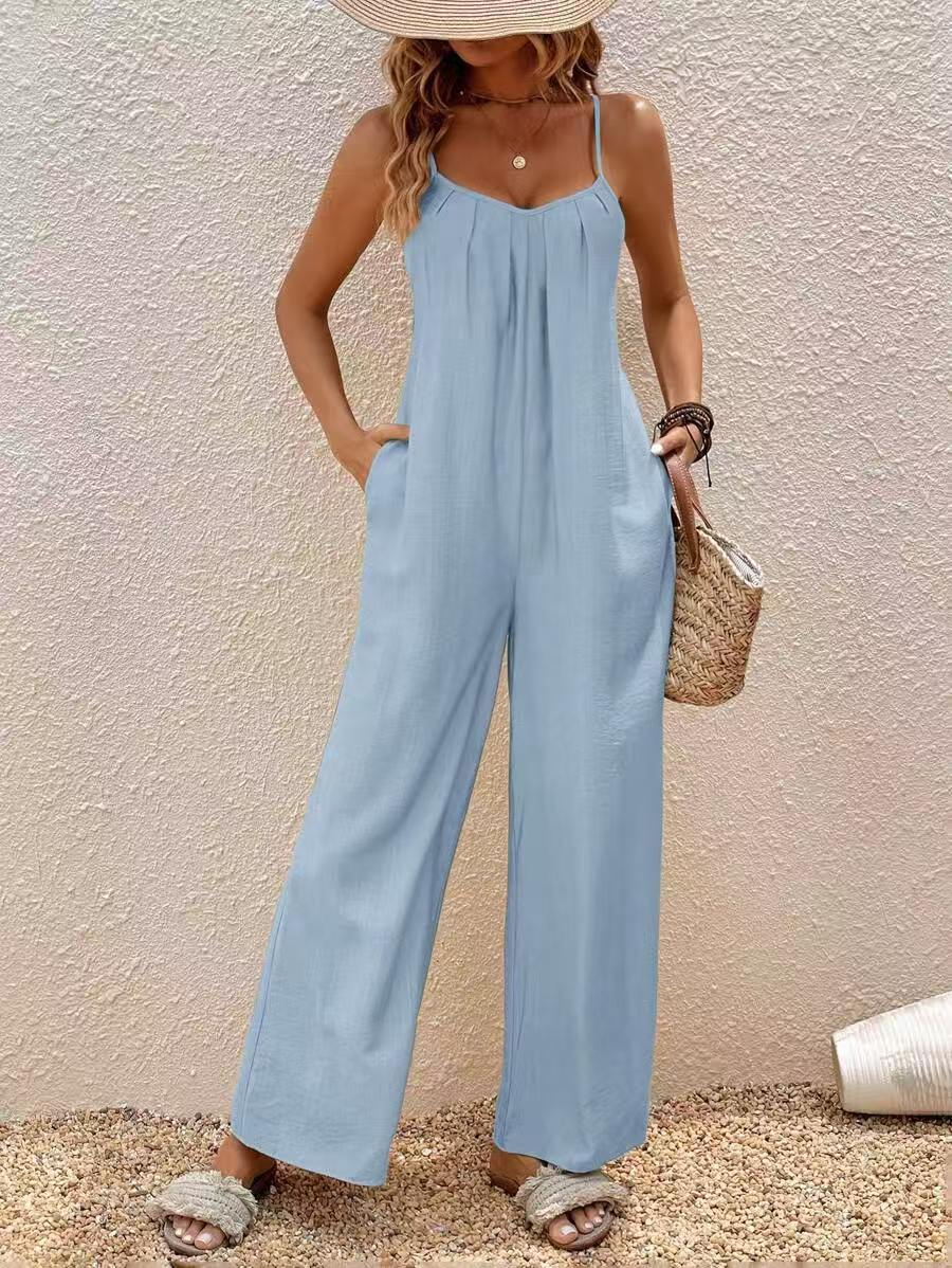 Adjustable-strap Jumpsuit Vacation Style Solid Color Elegant
