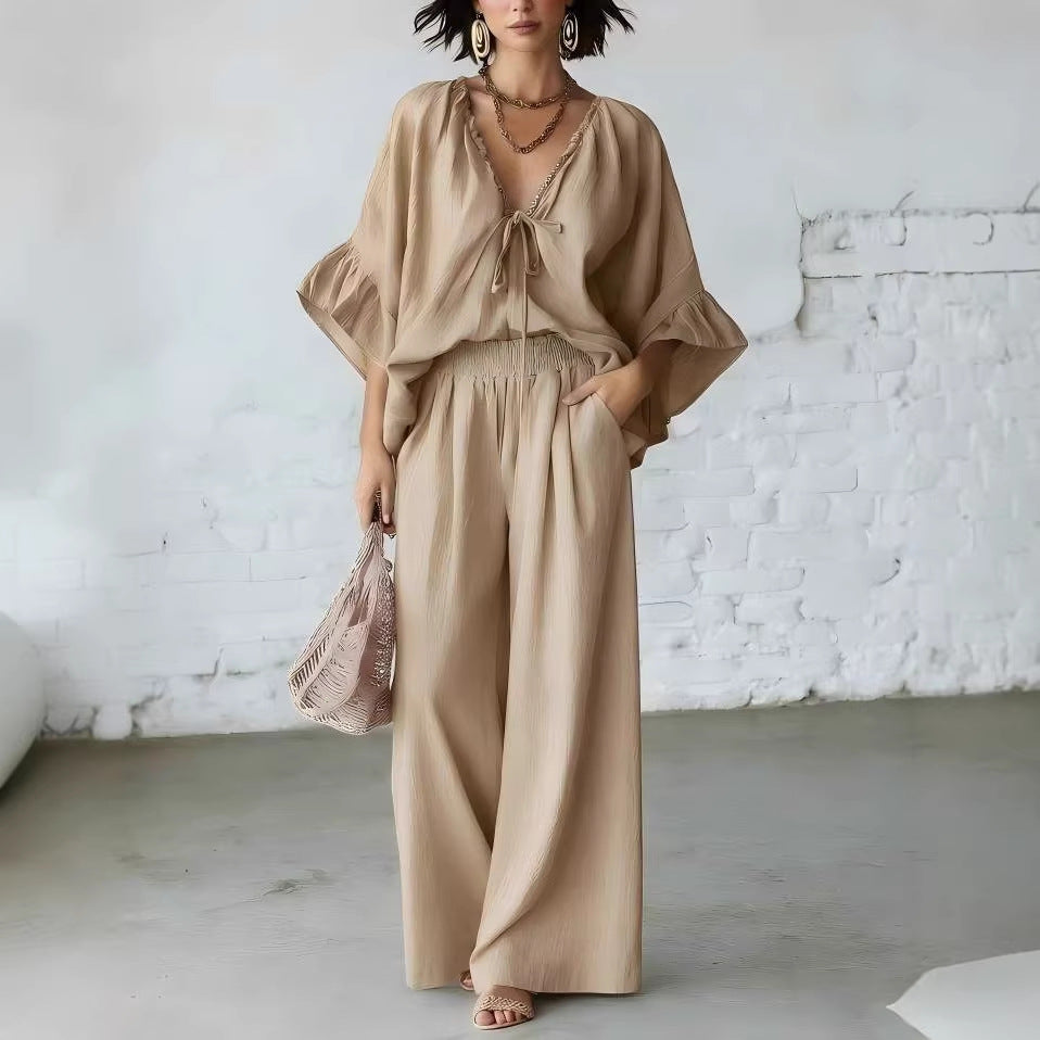 Loose-fit Cotton-linen V-neck Wide-leg Pants Two-piece Set