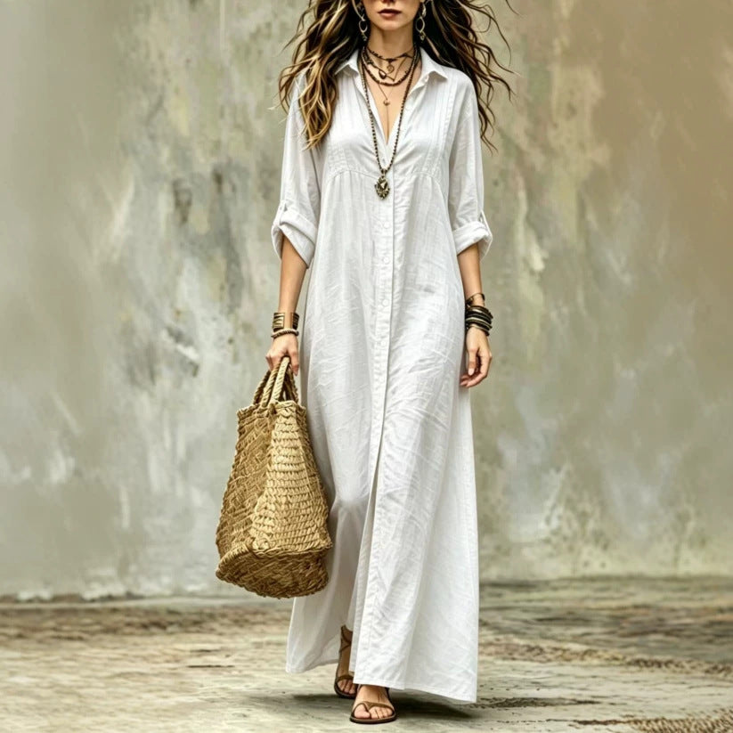 Shirt-collar Floor-length Casual Simple Long Dress