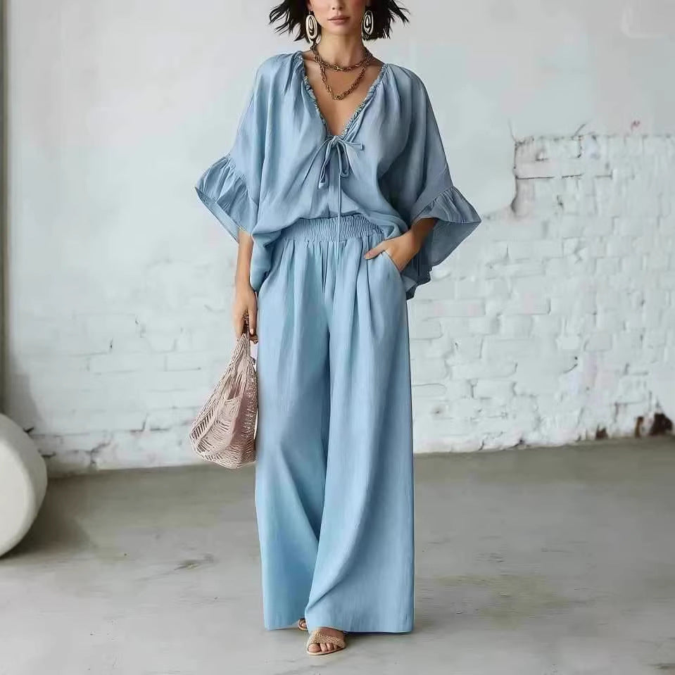 Loose-fit Cotton-linen V-neck Wide-leg Pants Two-piece Set