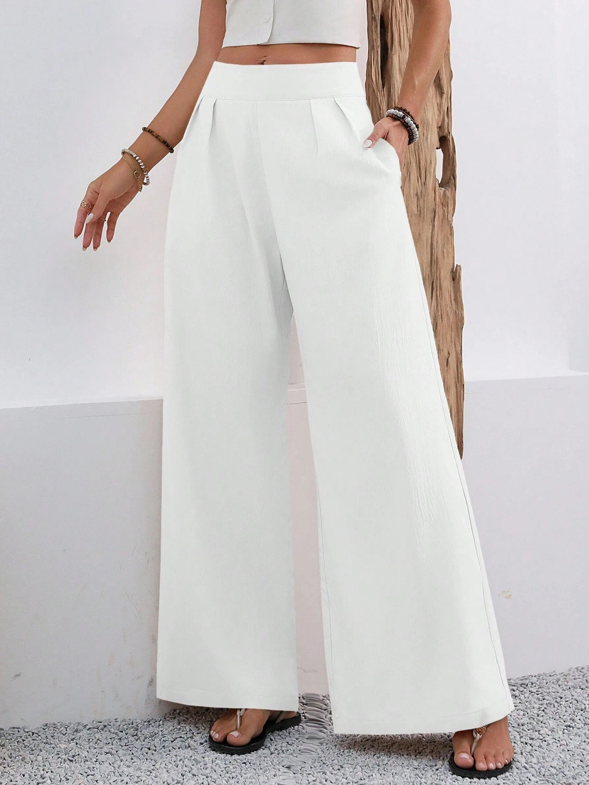 Pocketed High-waisted Fashionable Versatile Wide-leg Trousers Long Pants