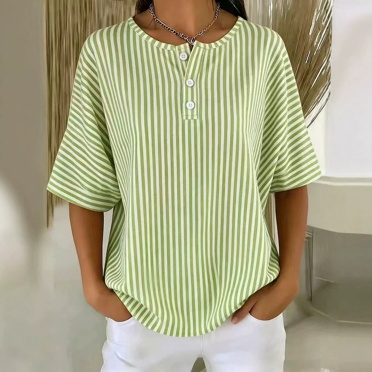 Womens Casual Solid Color V-Neck Buttoned Striped T-Shirt
