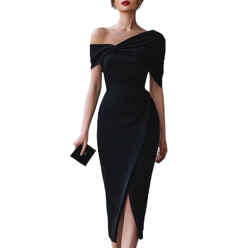 Elegant Commuter Solid-Color Asymmetrical Dress Gown