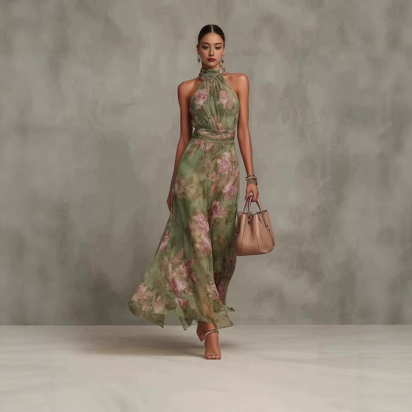 Neck-hanging Printed Chiffon Maxi Dress
