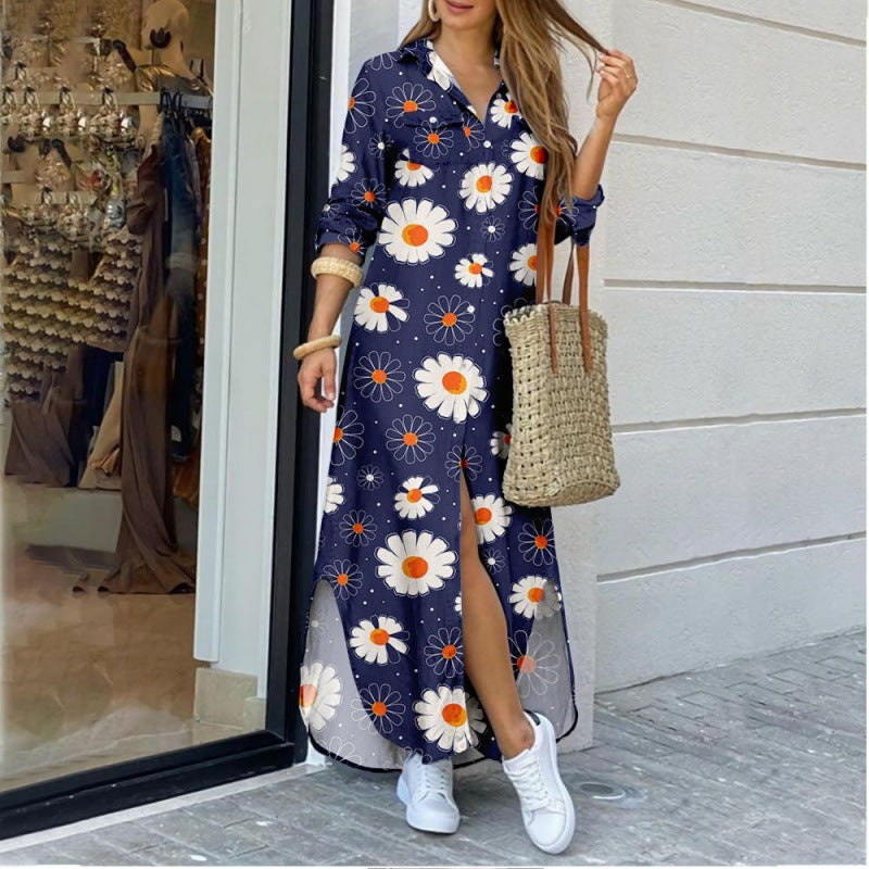 Lapel-collar Long Shirt Dress For Women