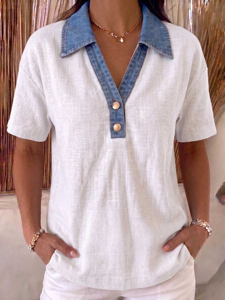 Casual Denim-Trimmed Contrast Linen Cotton Shirt Womens Apparel