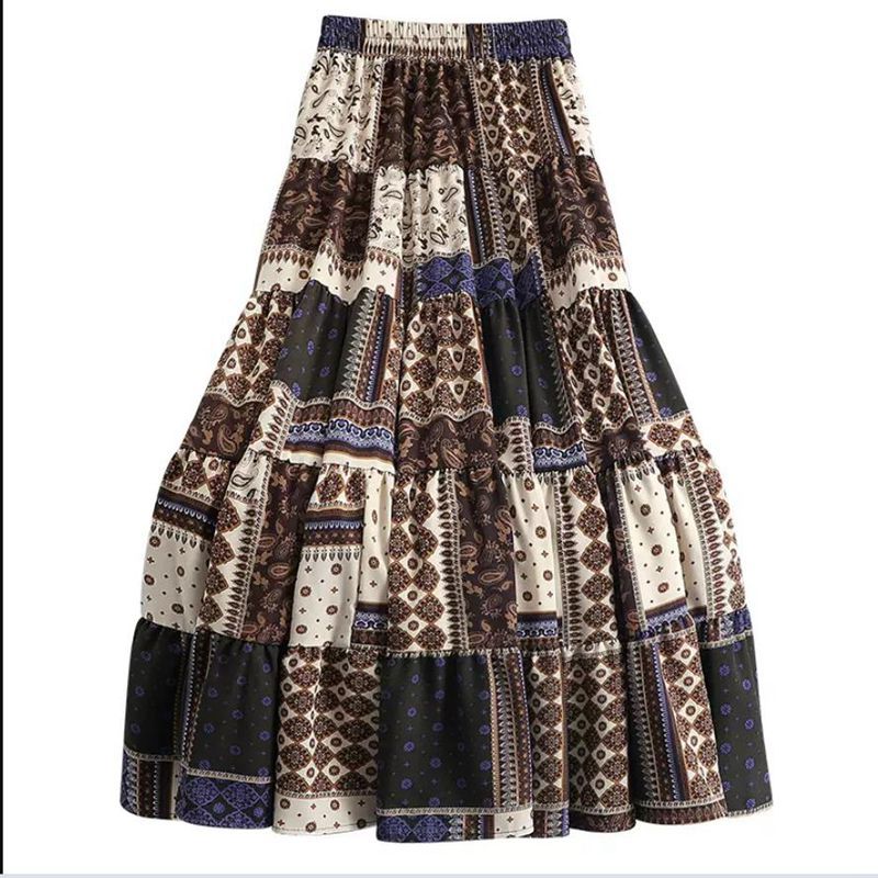 Ethnic-style Color-block Printed Midi Skirt