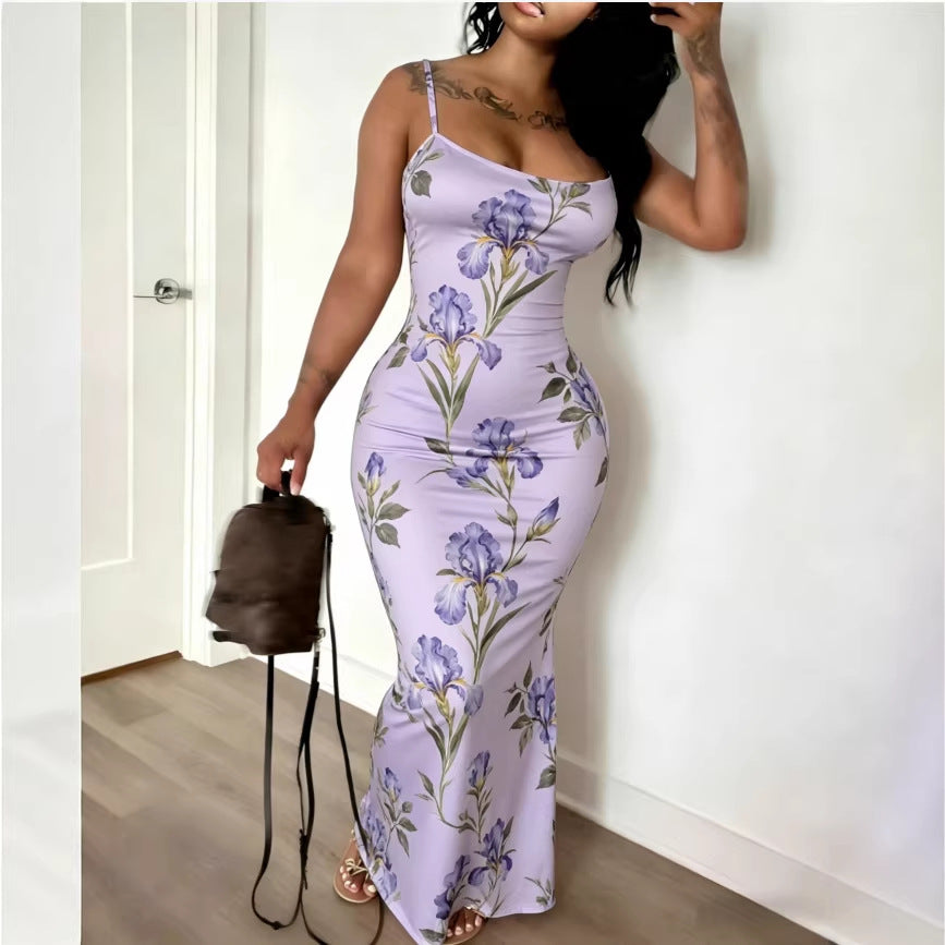 Digital-print Fitted Waistline Long Dress