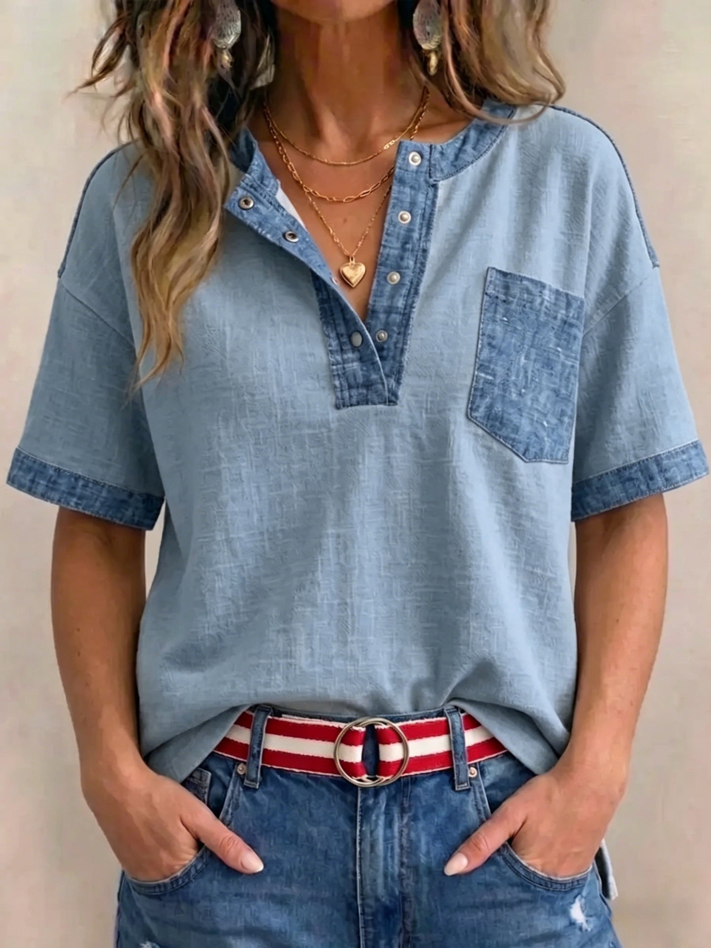 Women's Casual Loose-Fitting Patchwork Short-Sleeve Top