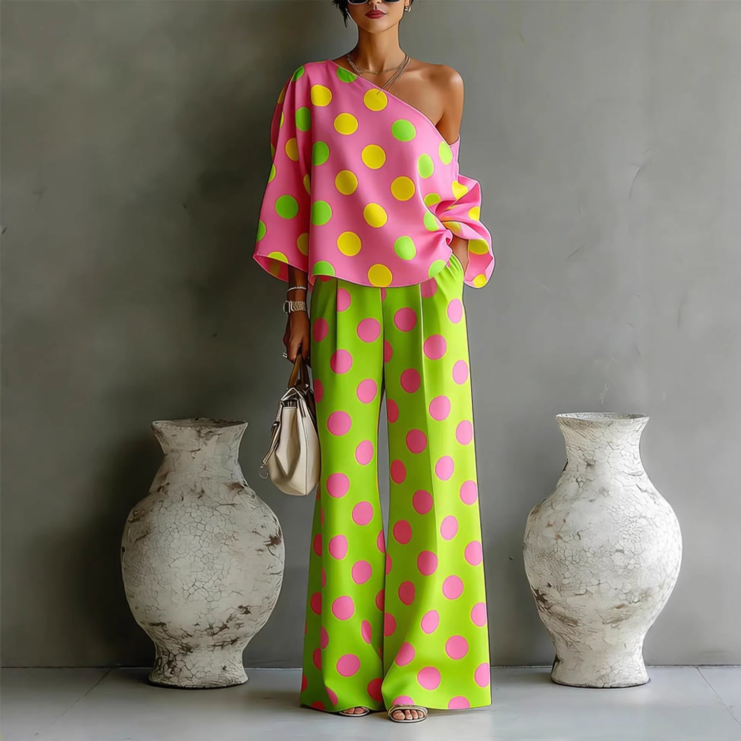 Womens Colorful Polka-Dot Off-Shoulder Flowy Two-Piece Pants Set