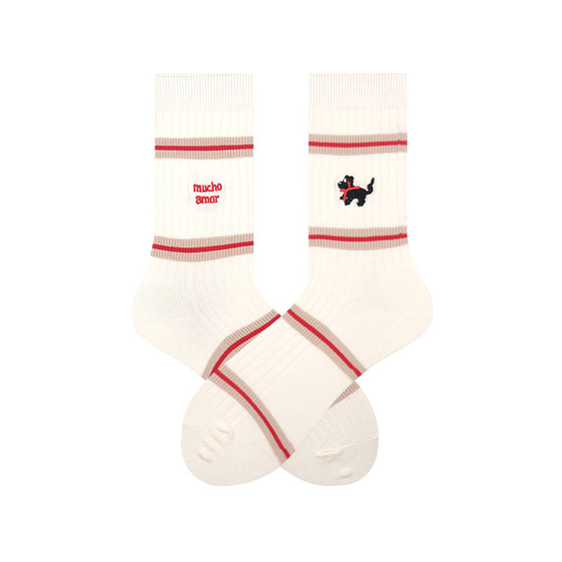 Retro Striped Ribbed Crew Socks, Mucho Amor & Dog Embroidered Casual Socks, Women's Preppy Style Mid-Calf Socks In Black, White & Grey