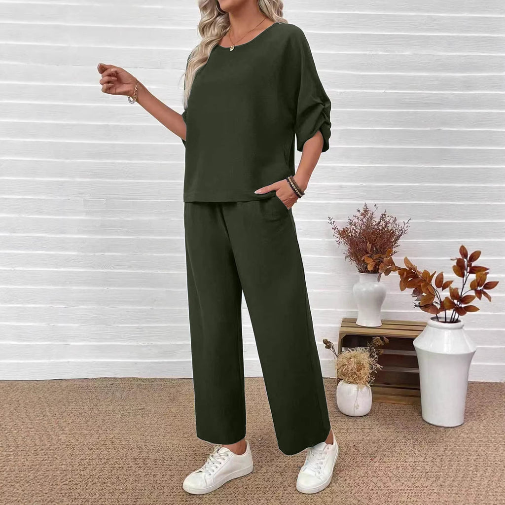 Crew-neck Top Wide-leg Pants Loose Fit