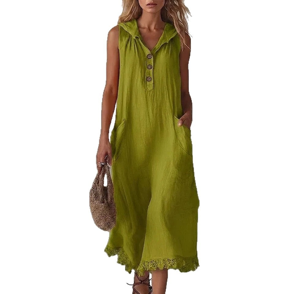Casual Patchwork Lace-trimmed Linen And Cotton Hooded Dress