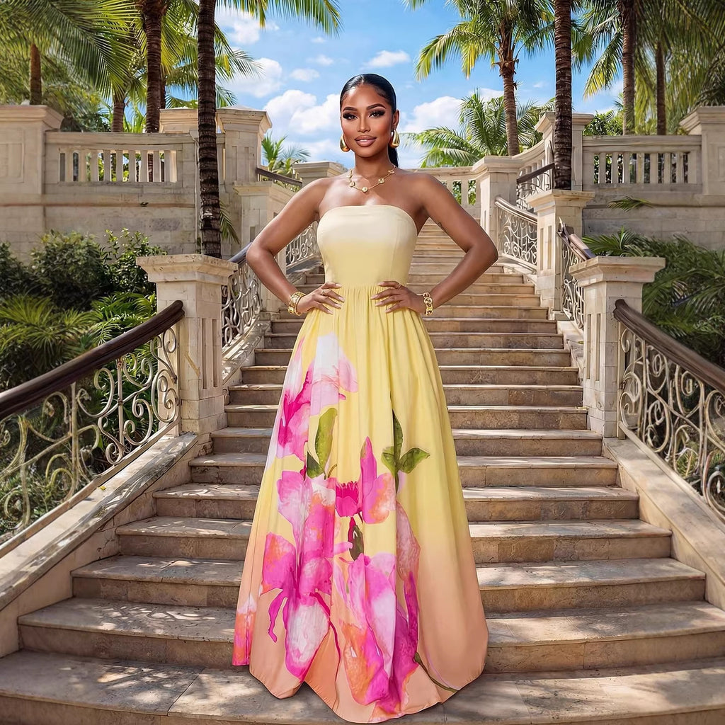Fashionable Strapless Off-Shoulder Slim-Fit Printed Evening Gown Pleated Dress