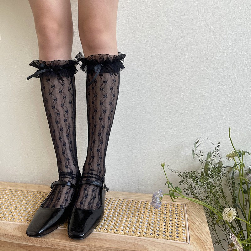Lace Bow Light Mesh Girl Midsole Calf Pile Socks Women Solid Color