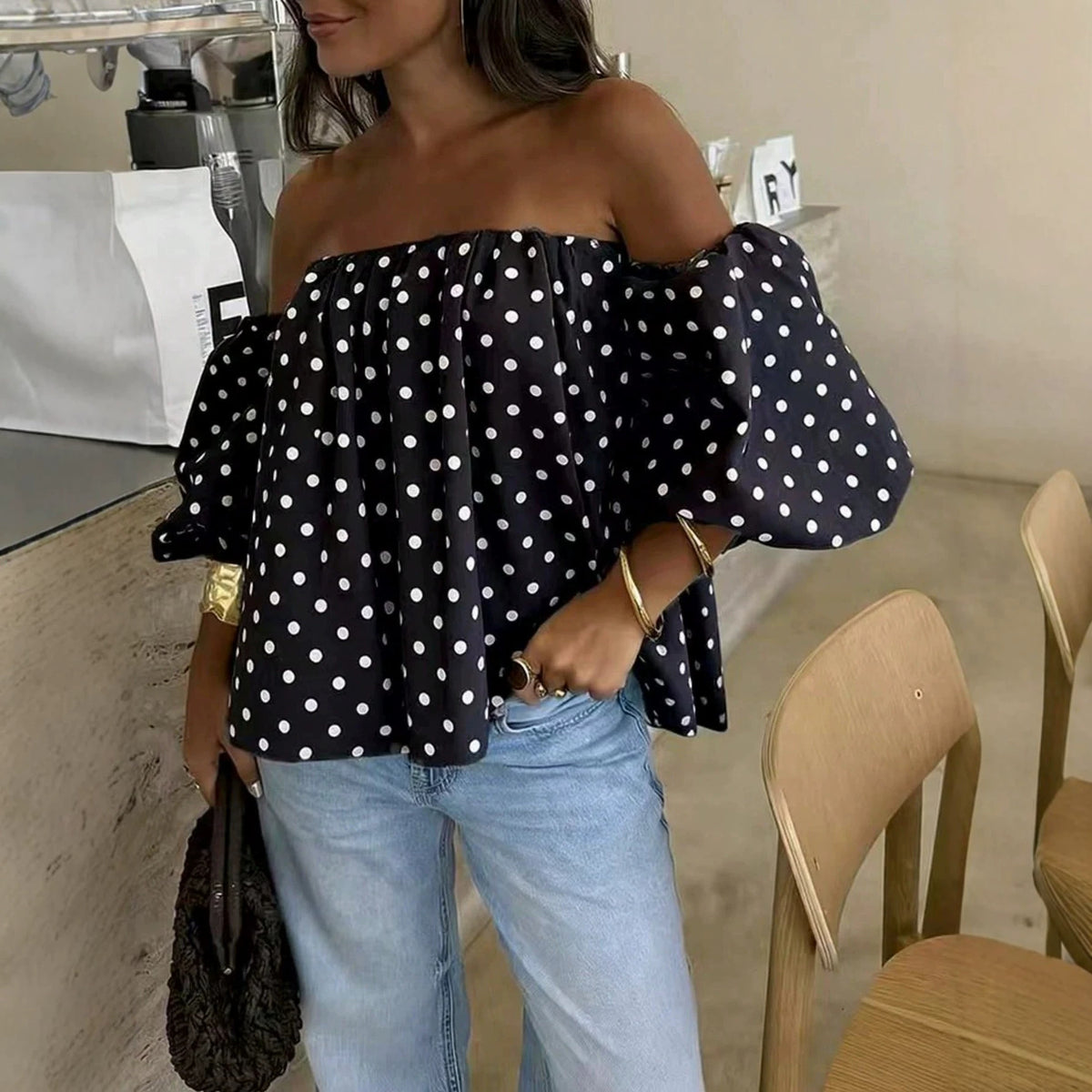 Off-shoulder Lantern-sleeve Short Top For Women