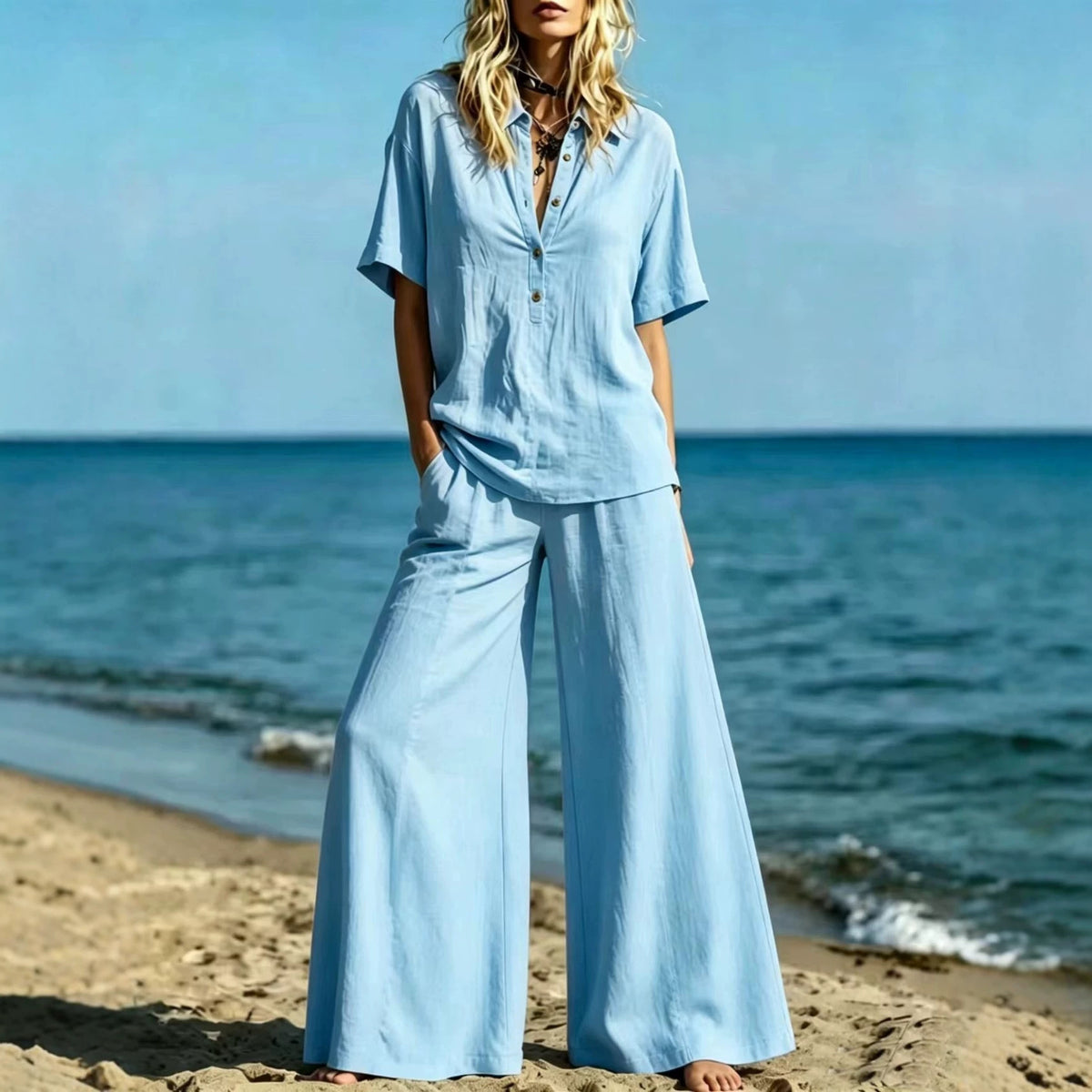 Button-down Shirt And Wide-leg Pants Two-piece Set For Women