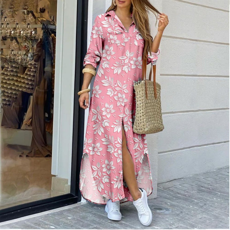 Lapel-collar Long Shirt Dress For Women