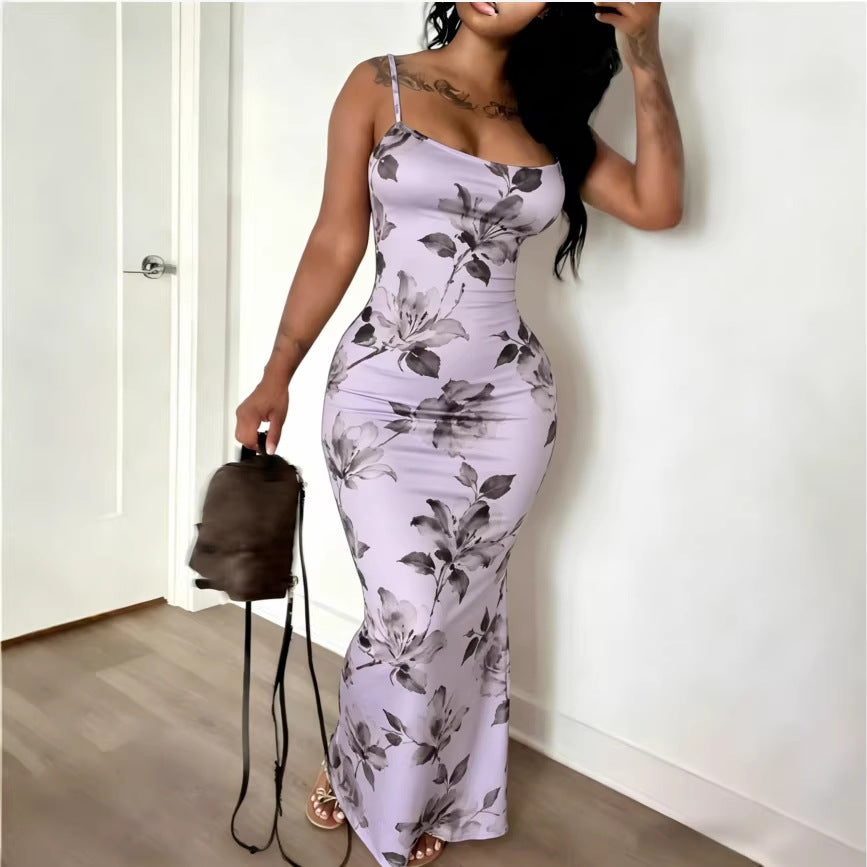 Digital-print Fitted Waistline Long Dress