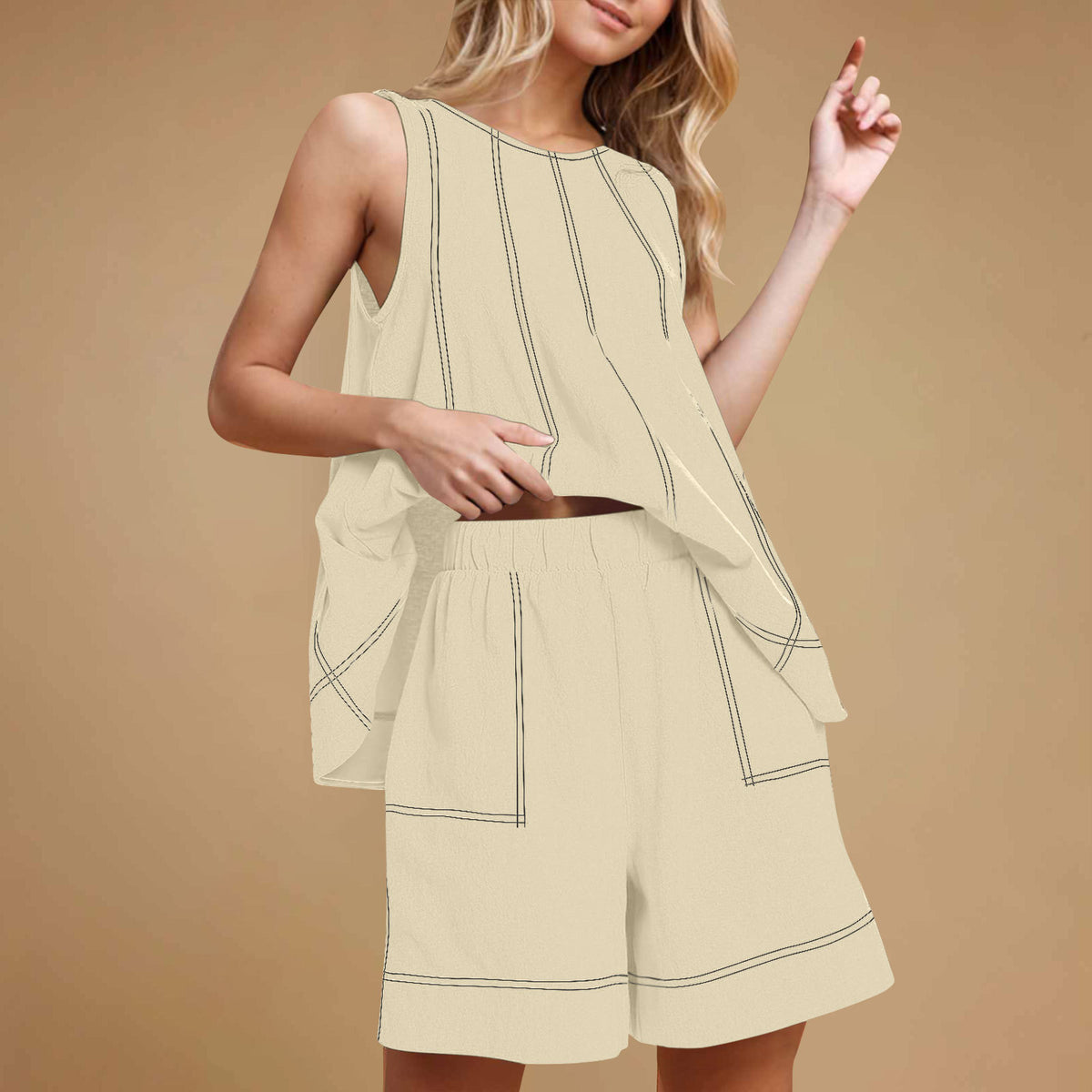 Casual Loose Pocketed Sleeveless Tank Top And Shorts Cotton-Linen Two-Piece Set