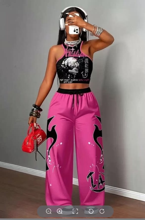 Printed Tank Top  Casual Wide-leg Pants Set