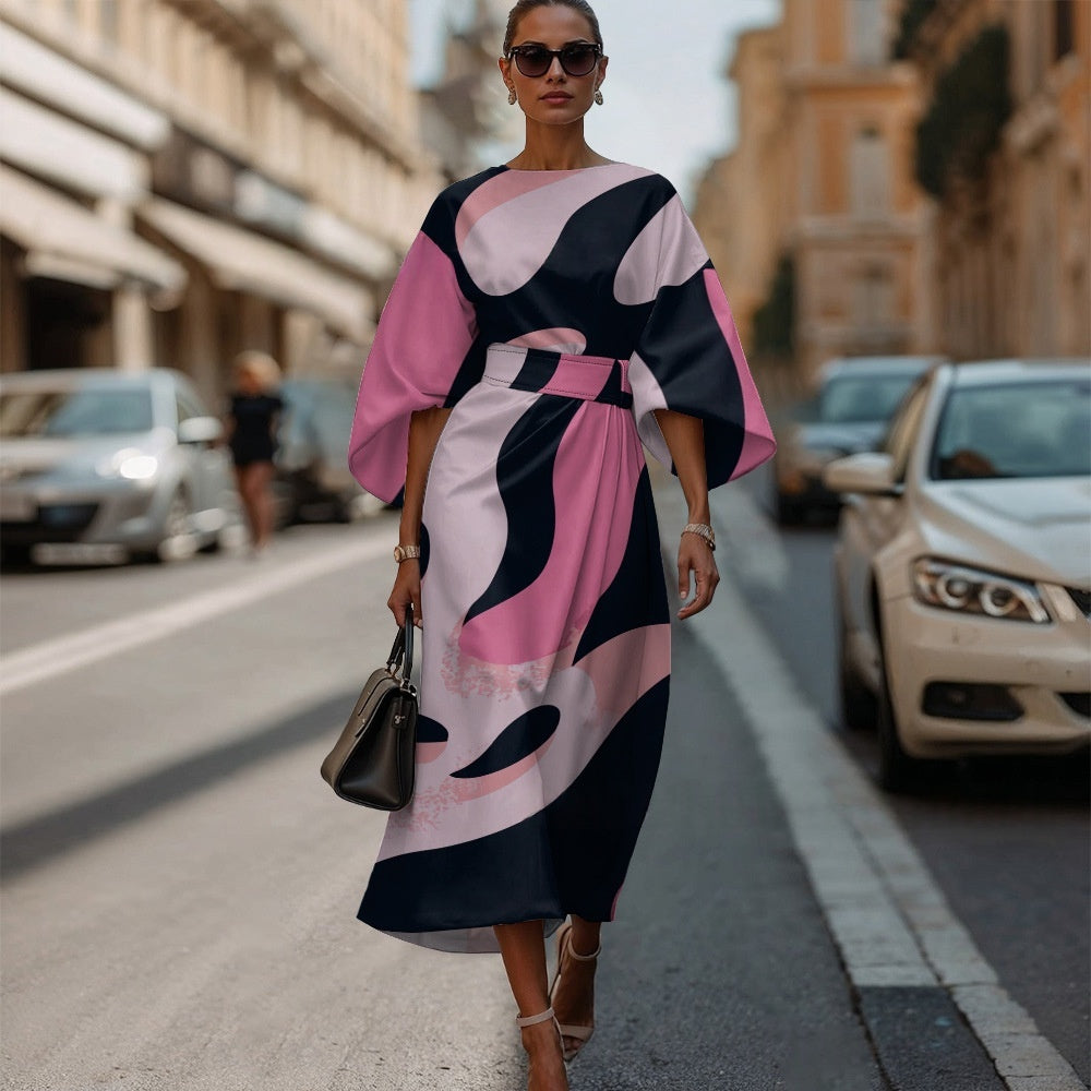 Womens Fashionable Casual Printed Crew-Neck Dress