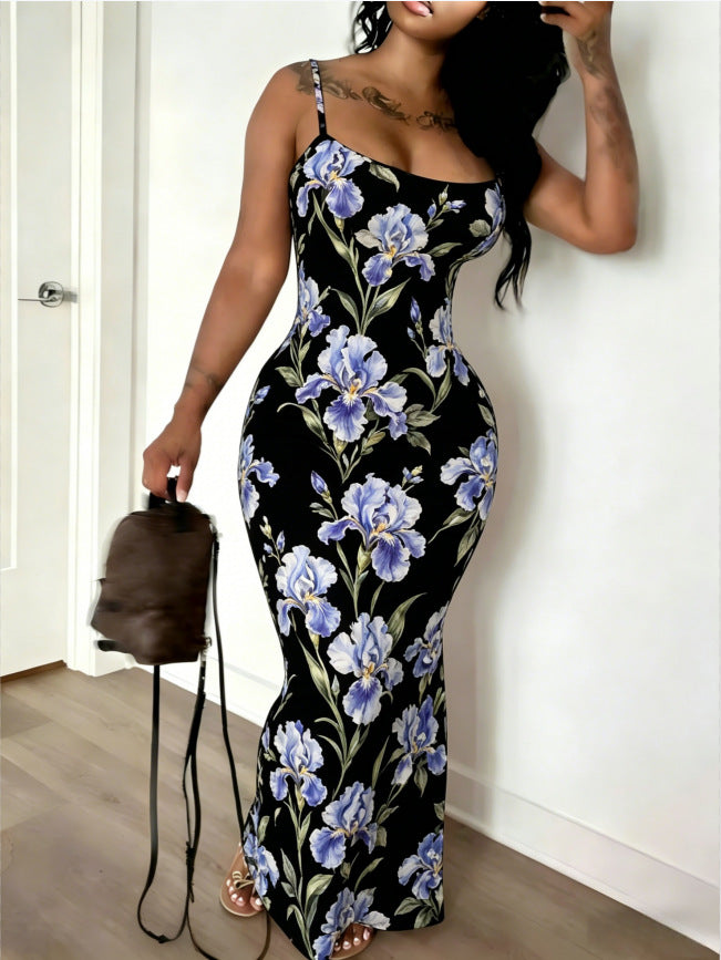 Digital-print Fitted Waistline Long Dress