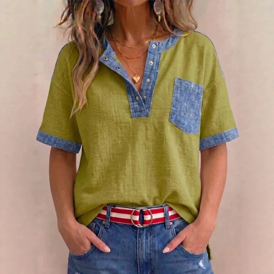 Women's Casual Loose-Fitting Patchwork Short-Sleeve Top